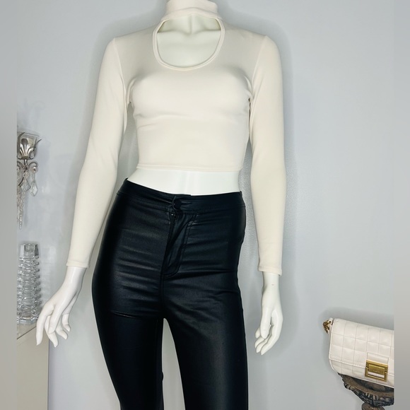 Long Sleeve Crop Top Cut Out Neck Back Zipper Blouse Size : S - Picture 3 of 6